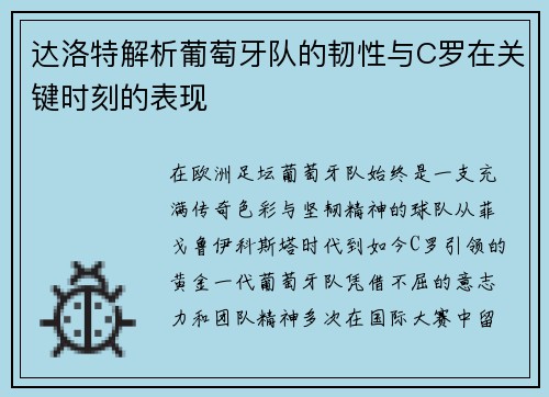 达洛特解析葡萄牙队的韧性与C罗在关键时刻的表现
